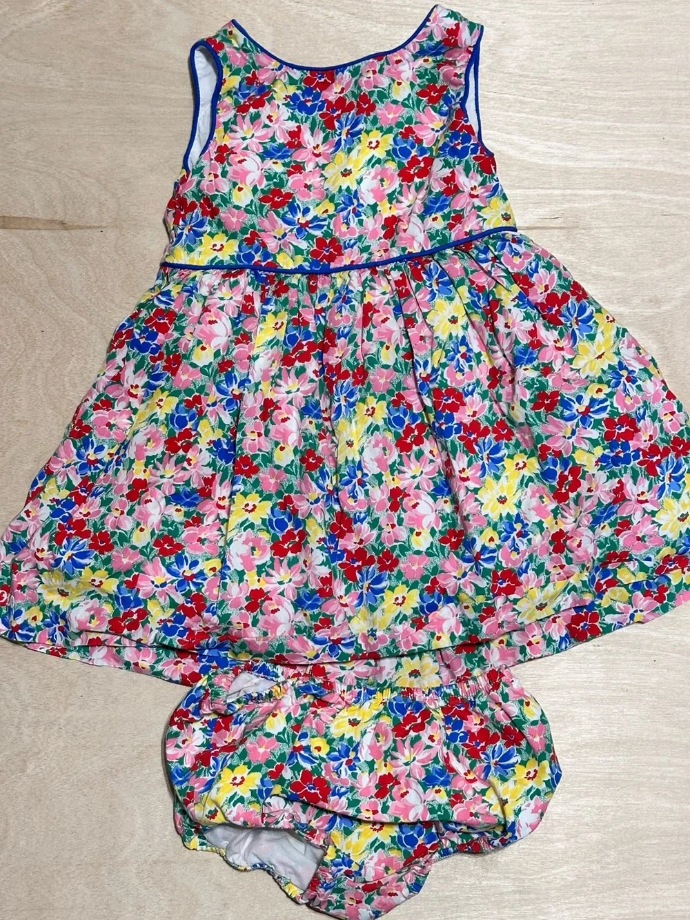Ralph Lauren Multicolor Floral Dress with Blue Trim bloomers pants set 12 month